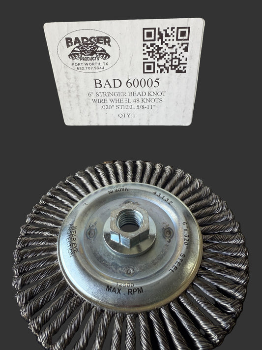 Badger 6" Stringer Bead Knot Wire Wheel .020 steel 5/8-11"